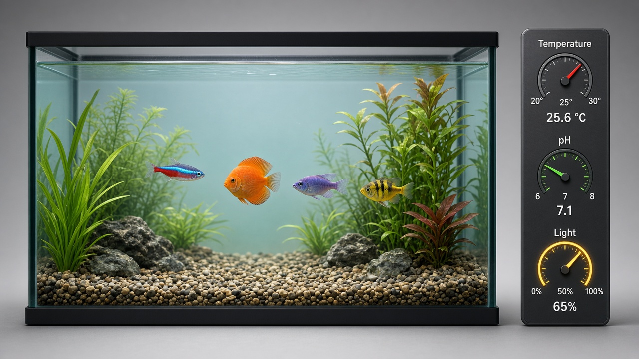 Fictional aquarium simulation: a planted tank with tropical fish beside gauges for temperature, pH, and light.
