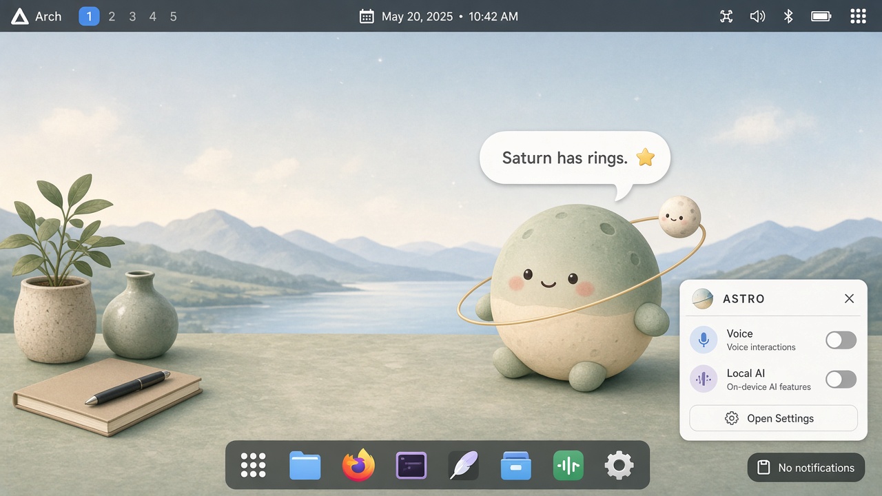 Fictional desktop with ASTRO, a round planet character and a small moon, saying Saturn has rings, beside a settings card.