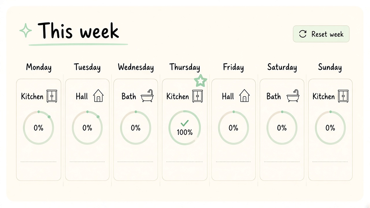 Fictional weekly cleaning rota with room cards for the kitchen, hall, and bath, and a progress ring on a finished round.