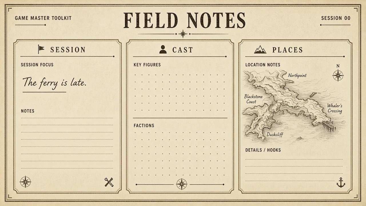 Fictional game-master binder with panels for session, cast, and places, plus a short note that the ferry is late.