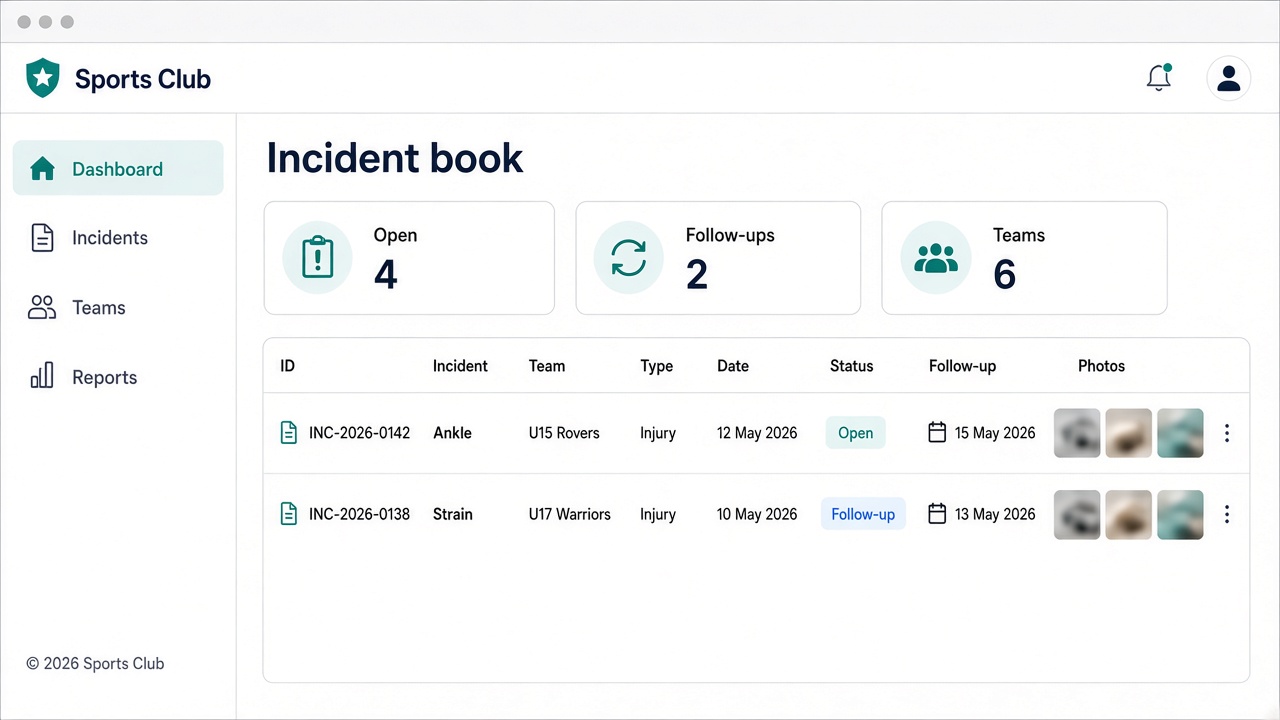 Fictional incident book dashboard with open-incident counts and a short list of club records.