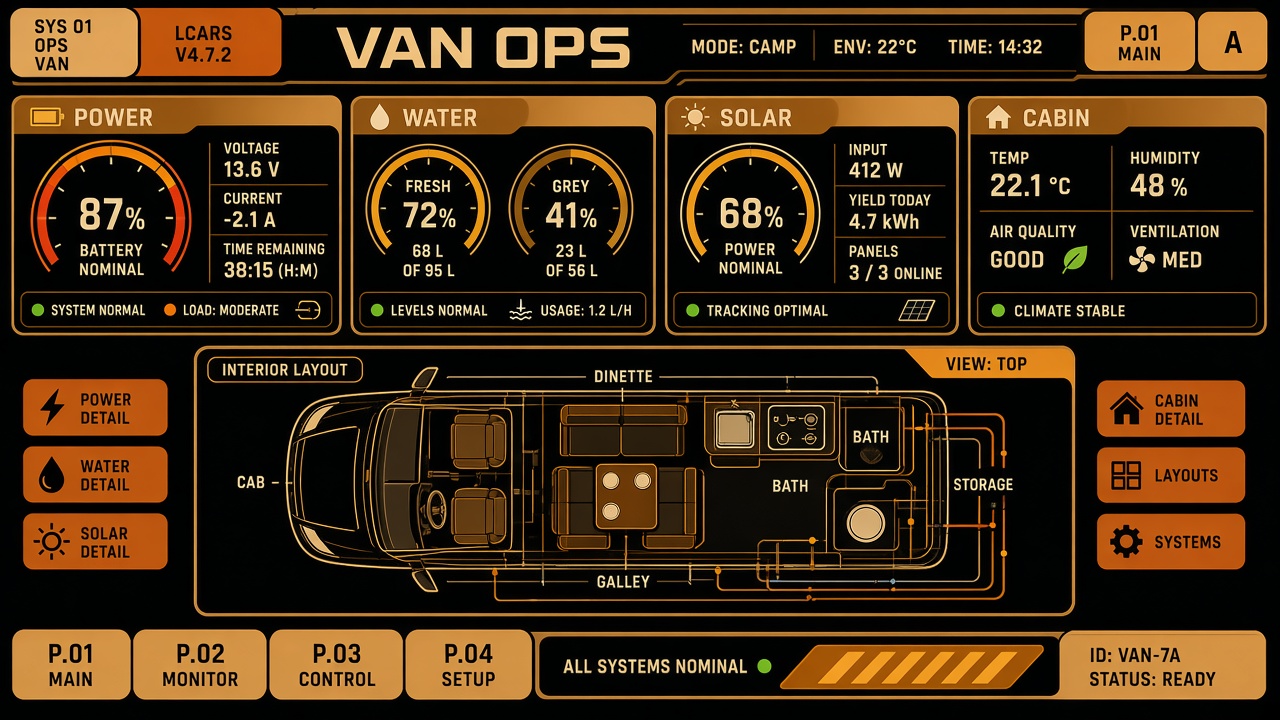 Fictional amber operations board titled Van Ops, with gauges for power, water, solar, and cabin, plus a van interior plan.