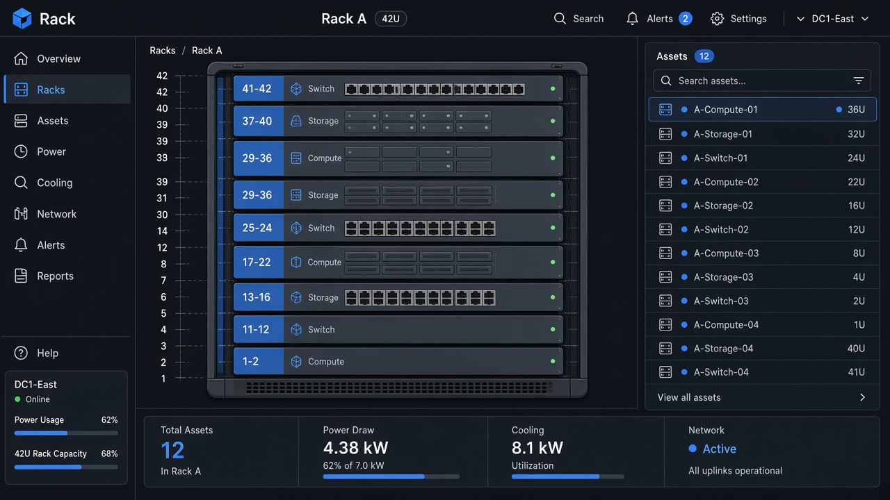 Fictional rack management screen showing a server rack elevation with switch, storage, and compute units.