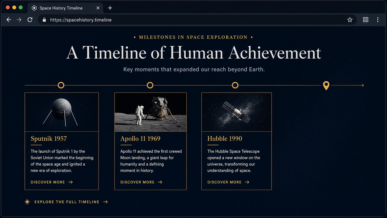 Fictional spaceflight timeline on a dark field, with milestone cards for Sputnik, Apollo 11, and Hubble.