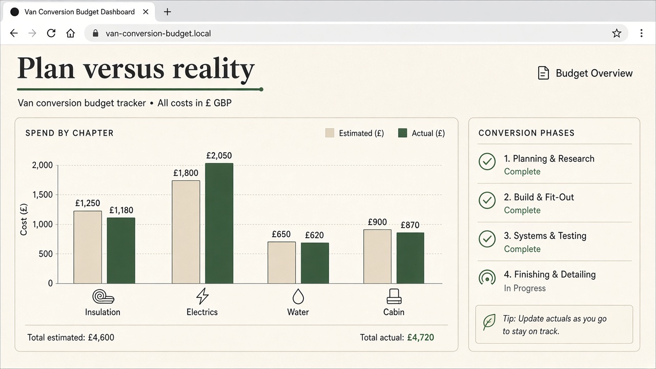 Fictional van conversion dashboard comparing planned and actual spend across insulation, electrics, water, and cabin.