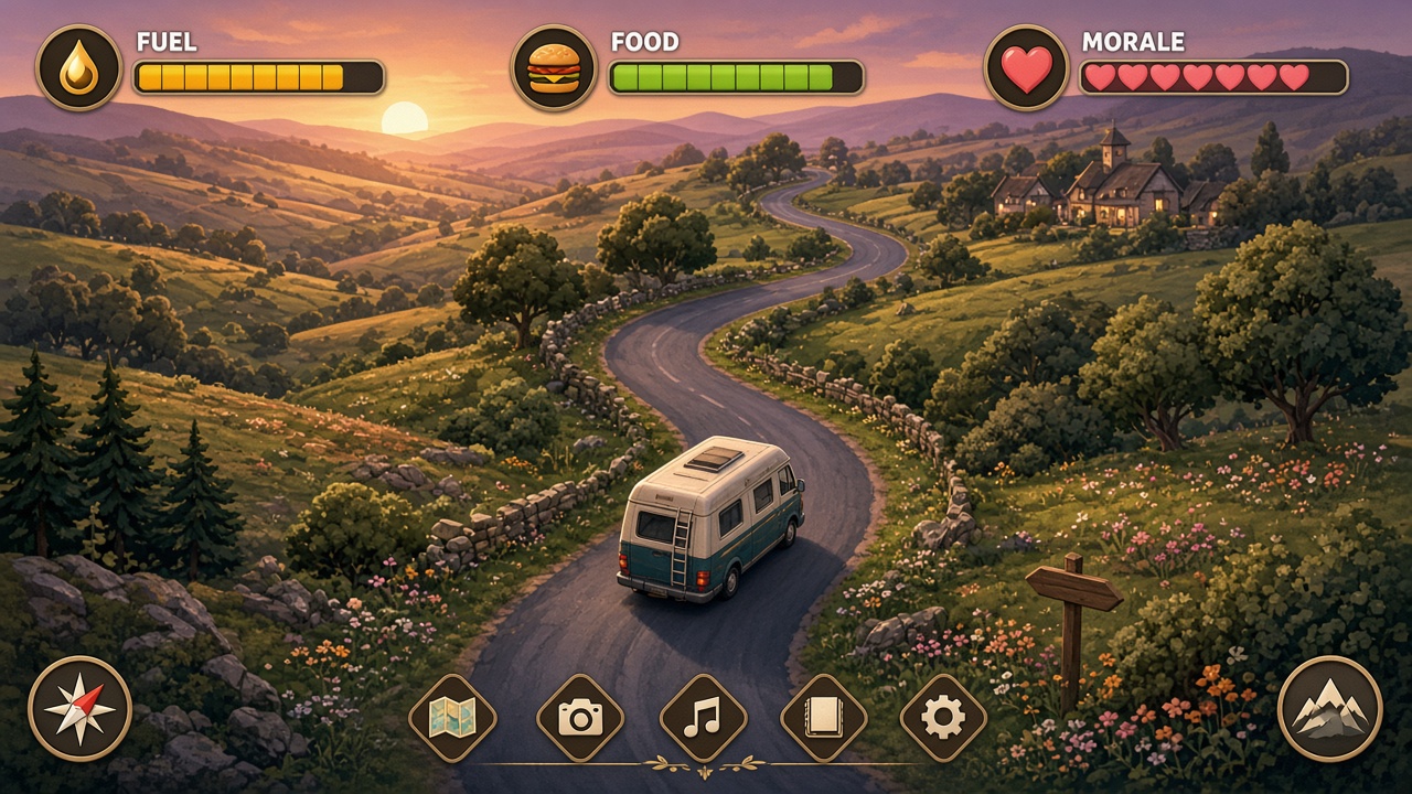 Fictional vanlife road-trip game: a camper on a countryside route, with meters for fuel, food, and morale.