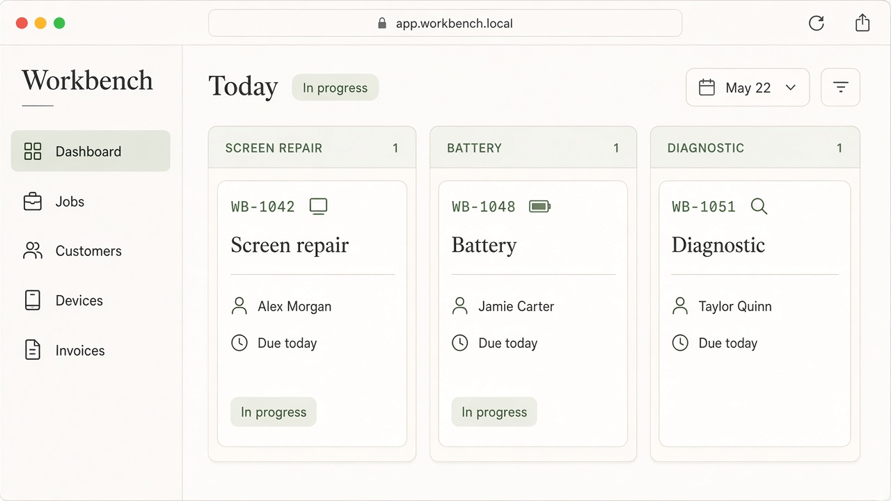 Fictional Workbench screen: a Today board with three repair jobs, WB-1042 Screen repair, WB-1048 Battery, and WB-1051 Diagnostic.